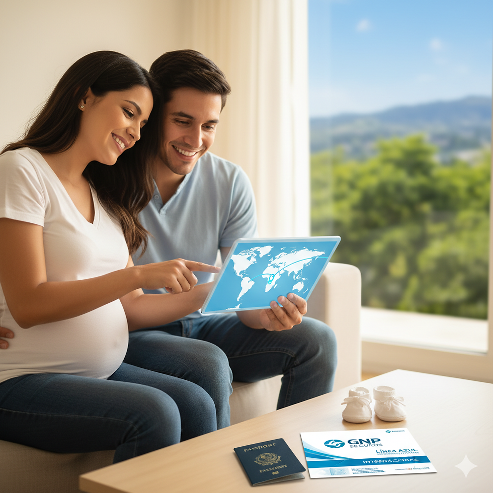 Pareja joven embarazada planeando la maternidad internacional, mirando un mapa del mundo en una tablet. En la mesa hay escarpines de bebé, un pasaporte y documentos de GNP Seguros.