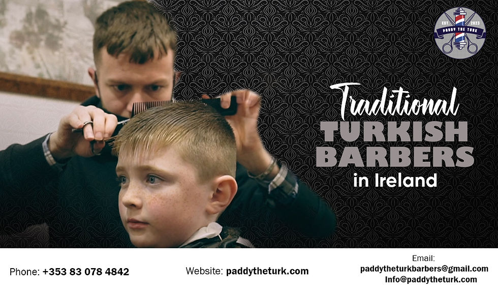 Barber cuts boy's hair with scissors in shop. Black patterned background reads "Traditional Turkish Barbers in Ireland." Contact info below.