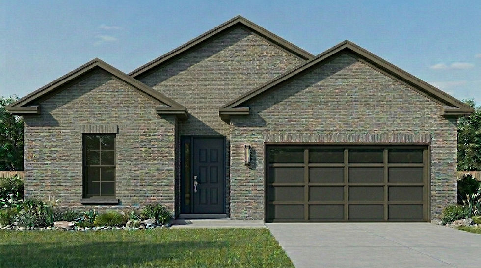 Brownish and gray brick home with blue door rendering