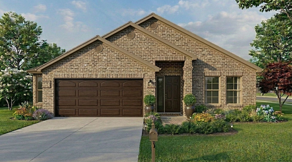 Brown and white brick home with deep brown garage door rendering