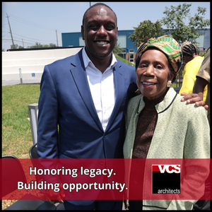 Derrick Vaughn, Principal of VCS Architects, pictured with the late U.S. Congresswoman Sheila Jackson Lee at the Booker T. Washington High School Statue Plaza, highlighting leadership and community collaboration.