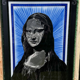 Custom blue pinstripe Mona Lisa stainless steel art piece