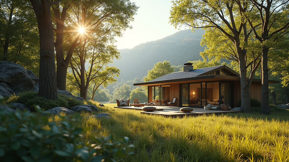 Wide angle view of a serene retreat location surrounded by nature