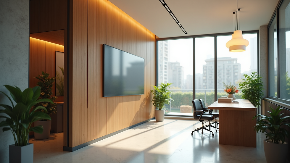 Eye-level view of a modern office with a welcoming atmosphere