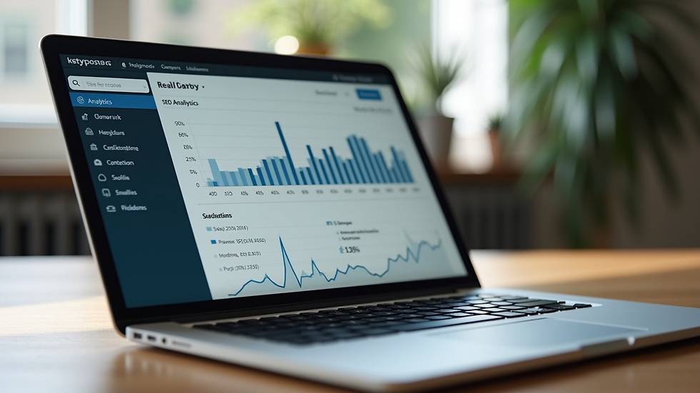 Close-up view of a laptop screen showing a real estate website with SEO analytics