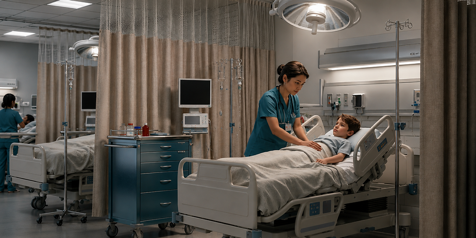 Nurse in teal comforting a young boy in a hospital bed, surrounded by IV poles, curtains, monitors, and soft clinical lighting.