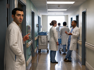 Doctor in white coat points down a hospital corridor while coworkers talk near a bright window.
