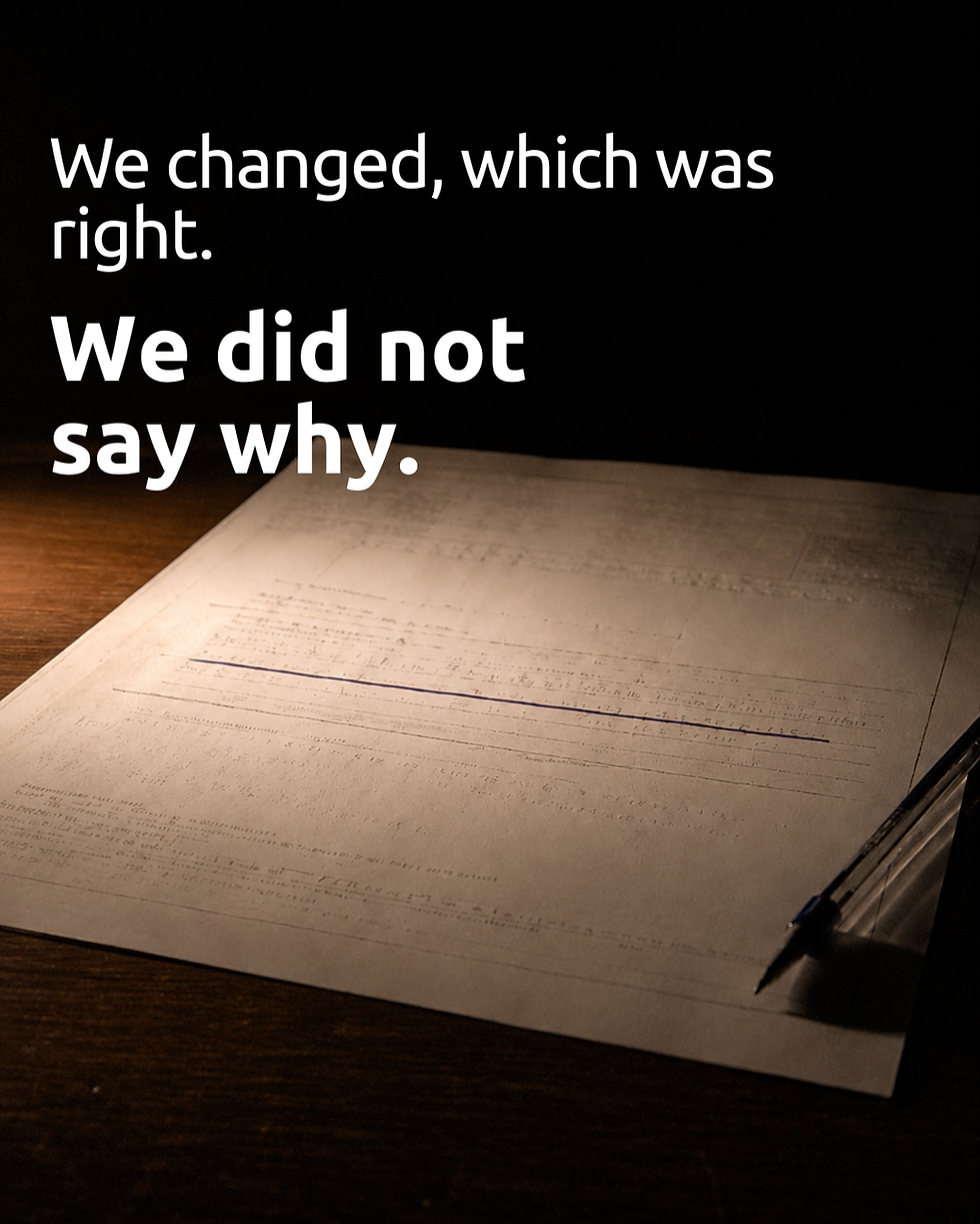 Dim desk with a paper and pen; large white text reads We changed, which was right. We did not say why.
