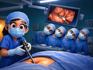 Cartoon surgeons in blue scrubs observe an operation with interest. Endoscope screen shows internal view. Setting is a surgical room.