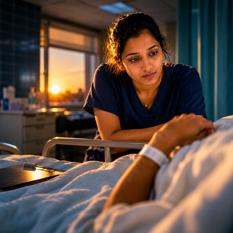 Nurse in navy scrubs leans over a hospital bed at sunset, looking concerned and comforting a resting patient.