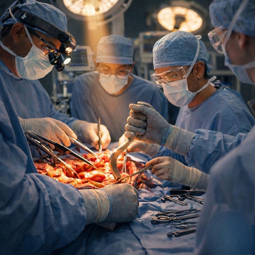 A surgical team of four physicians in blue scrubs, surgical gowns, gloves, and masks working together at an operating table under bright overhead OR lights. One surgeon wearing loupes holds a retractor while others perform the dissection. Surgical instruments are arranged on the sterile field. Scene depicts close teamwork and focused concentration in an active general surgery case.