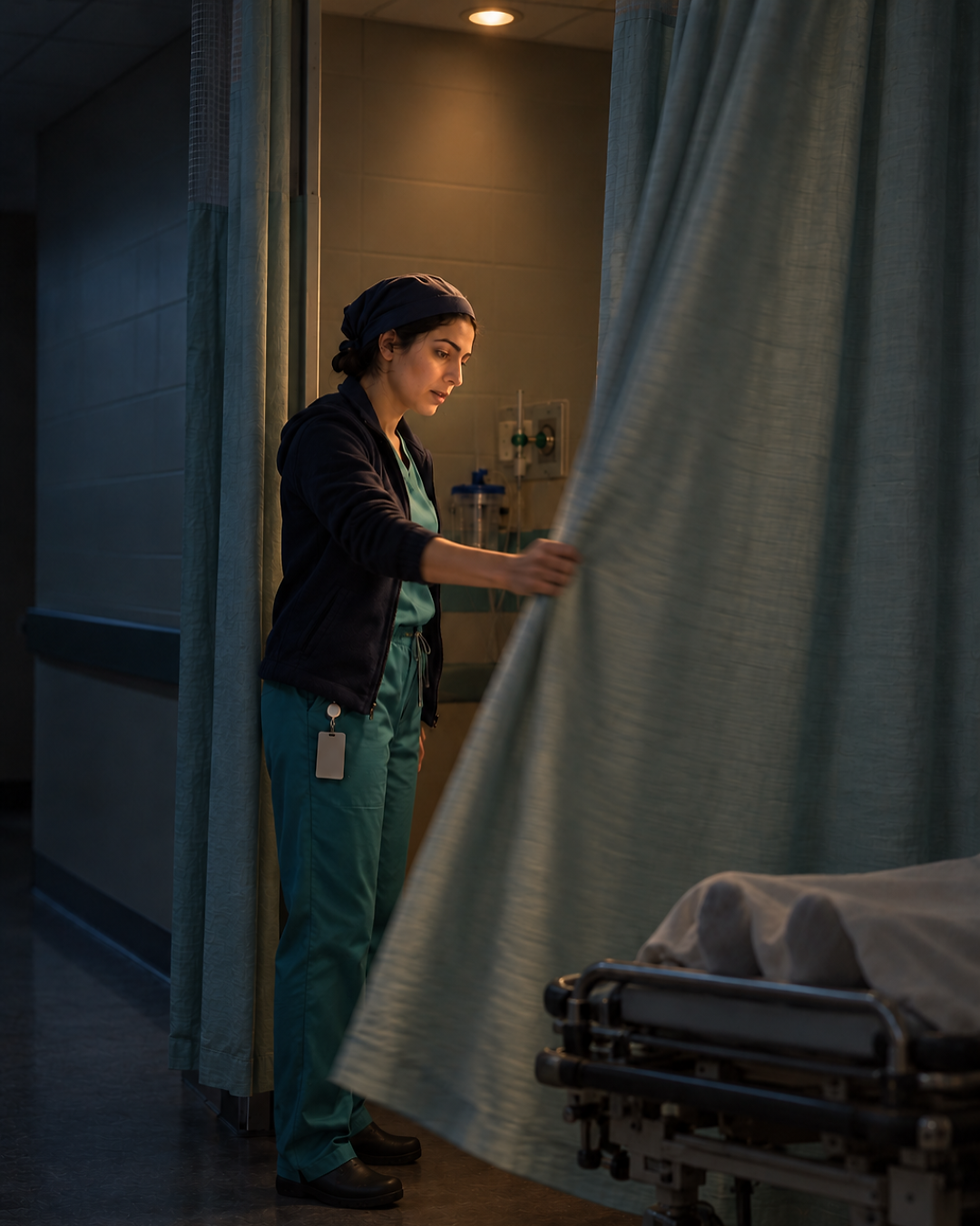Surgical Resident in teal scrubs pulls back a hospital curtain beside a gurney in a dim, calm treatment room.