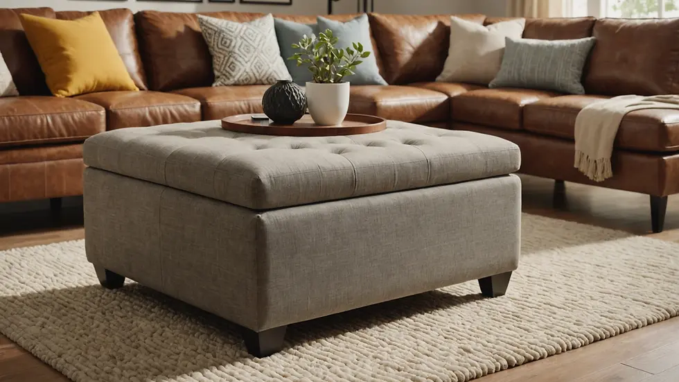 Eye-level view of a stylish storage ottoman in a living room setting