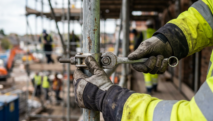 Close-up view of gloved hands securing scaffold fittings on a steel scaffold tube