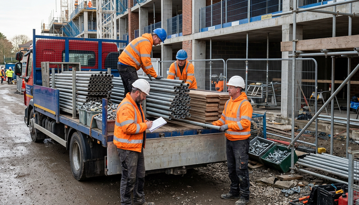 Eye-level view of a scaffold gang checking materials beside a lorry