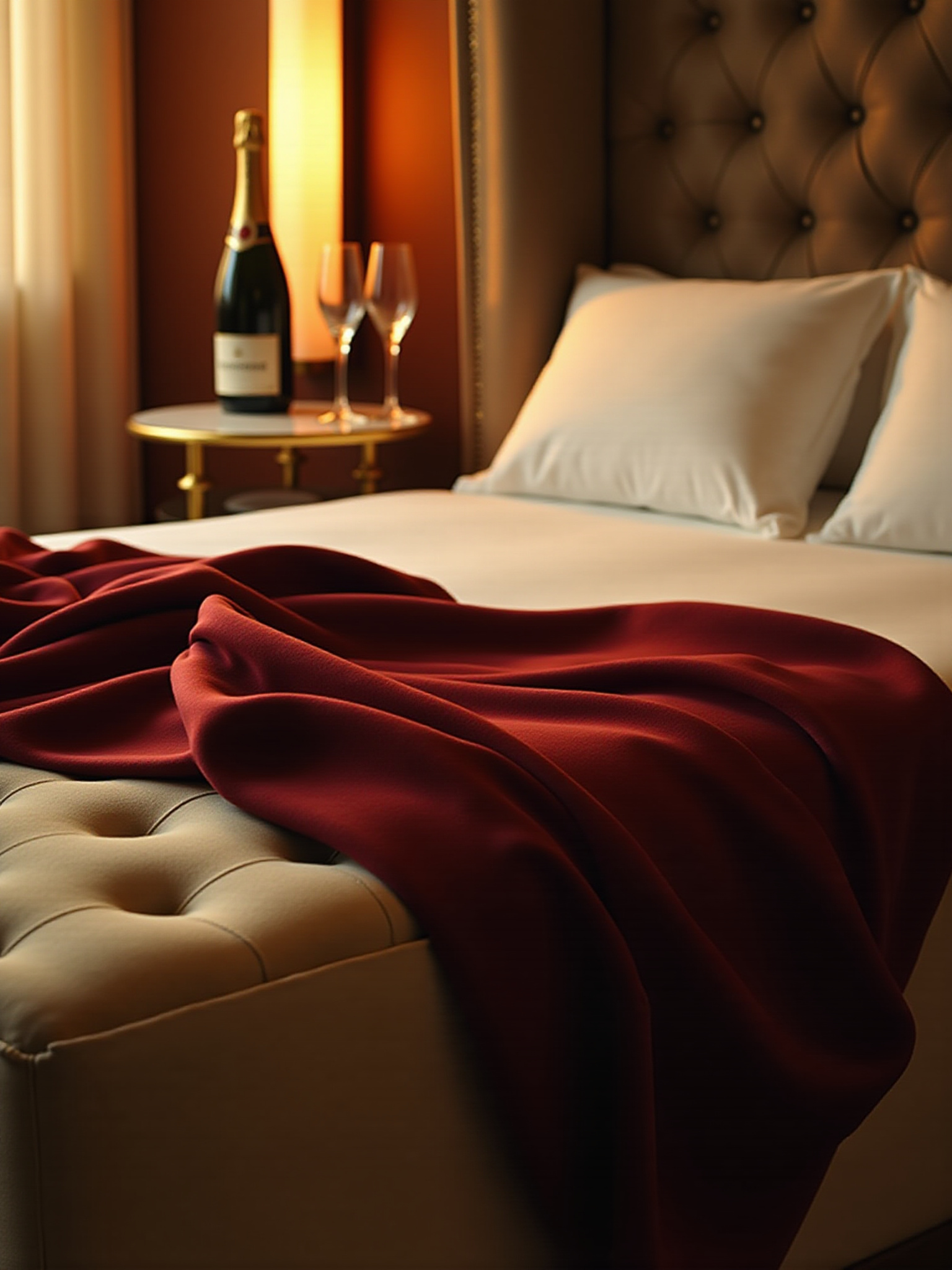 Ein beiges Hotelbett mit roter Samtdecke. Daneben steht ein Tisch , darauf eine Flasche Champagner und 2 Sektgläser. Im Hintergrund vom Tisch befindet sich eine Tischlampe und eine oe