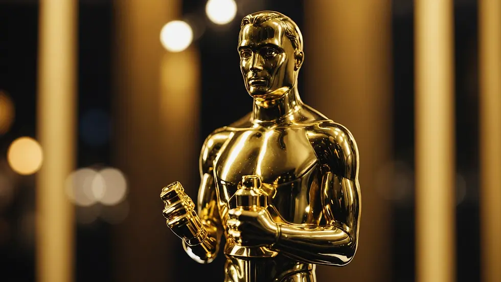 Close-up view of an illuminated Oscar statuette on display