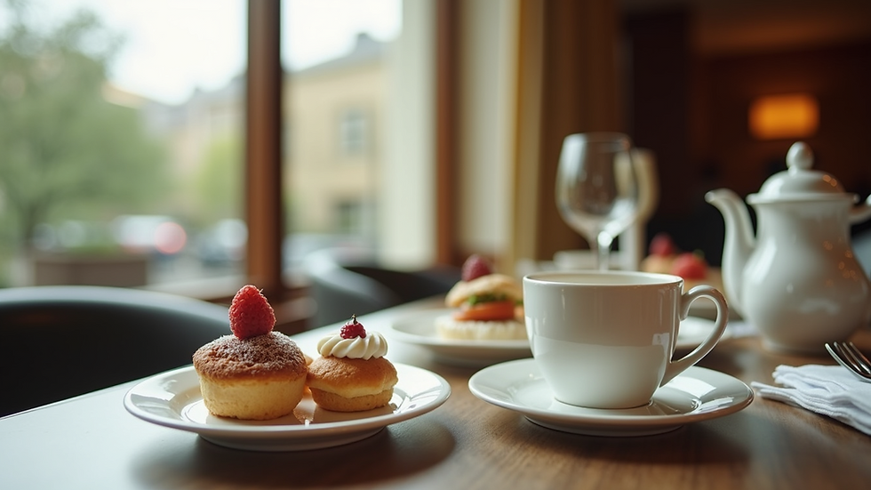 Eye-level view of elegant tea set with pastries at a luxury hotel