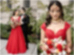Bride in a red lehenga and groom in a black tuxedo in the garden of the Indianapolis public library