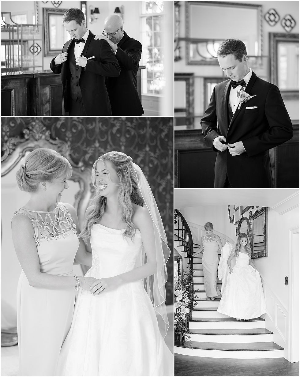 Black and white photo of getting ready photos at Black Iris Estate