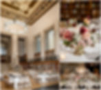Elegant wedding reception table with tall floral centerpiece, red and white flowers, and candlelight at Indianapolis Central Library