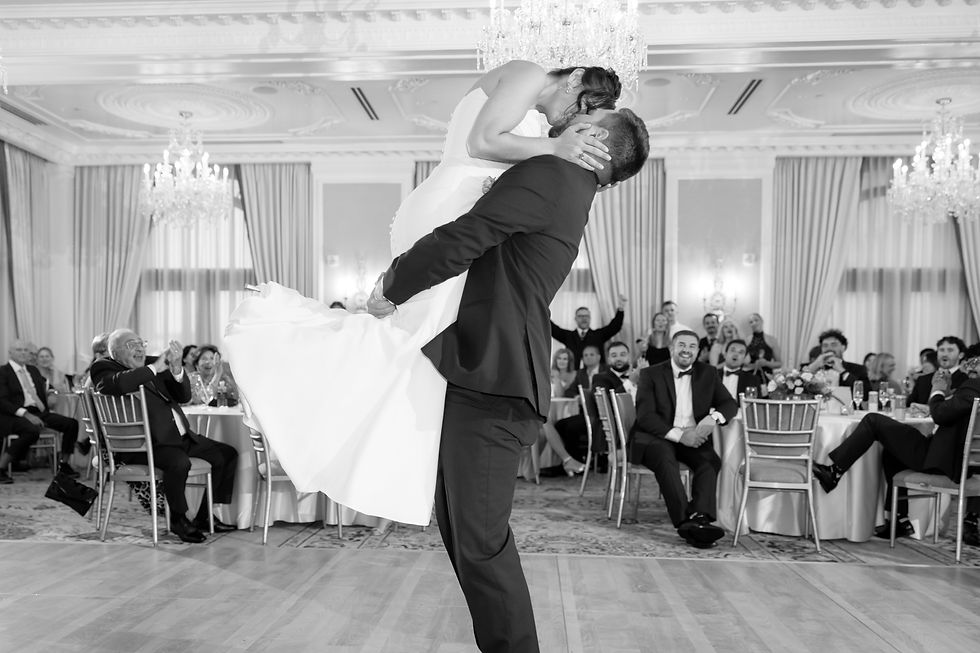 First dance of bride and groom at hotel Carmichael wedding in Carmel Indiana ballroom
