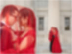 Bride in a red lehenga and groom for wedding photos at the Indianapolis Central Library