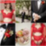 Bride in a red lehenga and groom in a black tuxedo getting ready photos on the wedding day