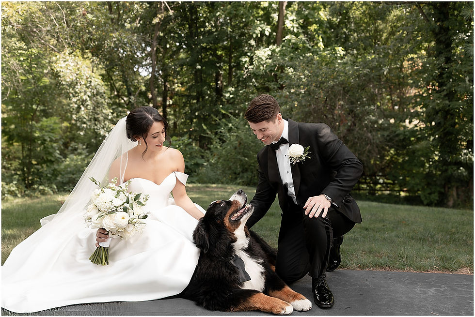 Wedding day photos of bride and groom with their dog
