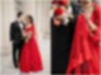 Bride in a red lehenga and groom in a black tuxedo for wedding photos at the Indianapolis Central Library