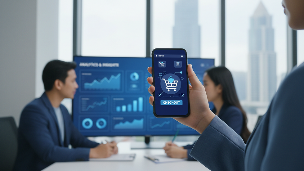 Close-up view of a hand holding a smartphone showing an online shopping cart