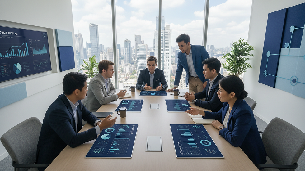 High angle view of a business meeting discussing digital marketing strategies