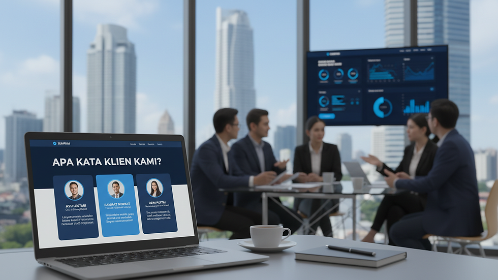 Eye-level view of a laptop screen showing customer testimonials on a website