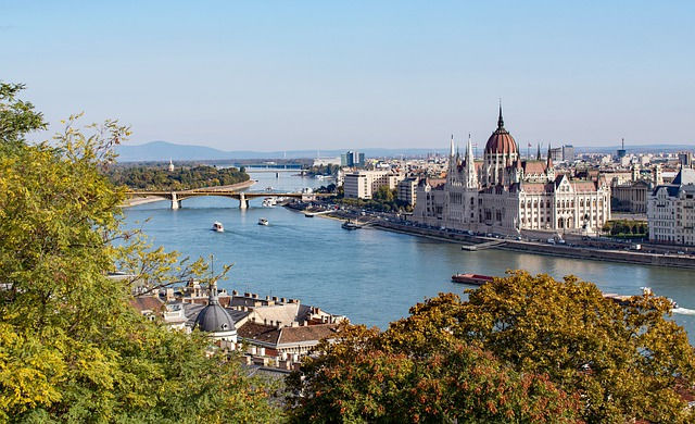 Budapest seen from above, on the Buda side. In the background are the Parliament and the Danube River.
