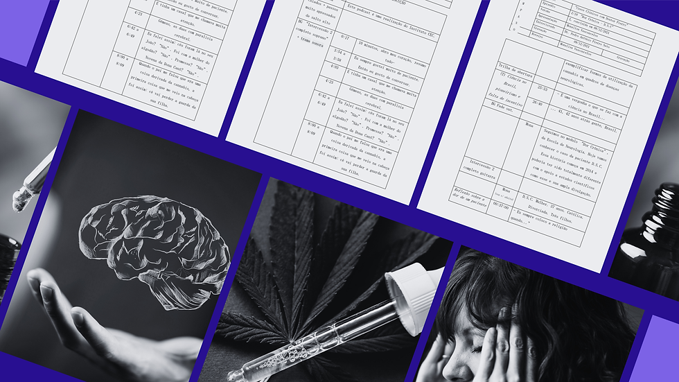 Colagem em preto e branco sobre cannabis medicinal: documentos com texto, cérebro, conta-gotas, folha e pessoa em sofrimento mental