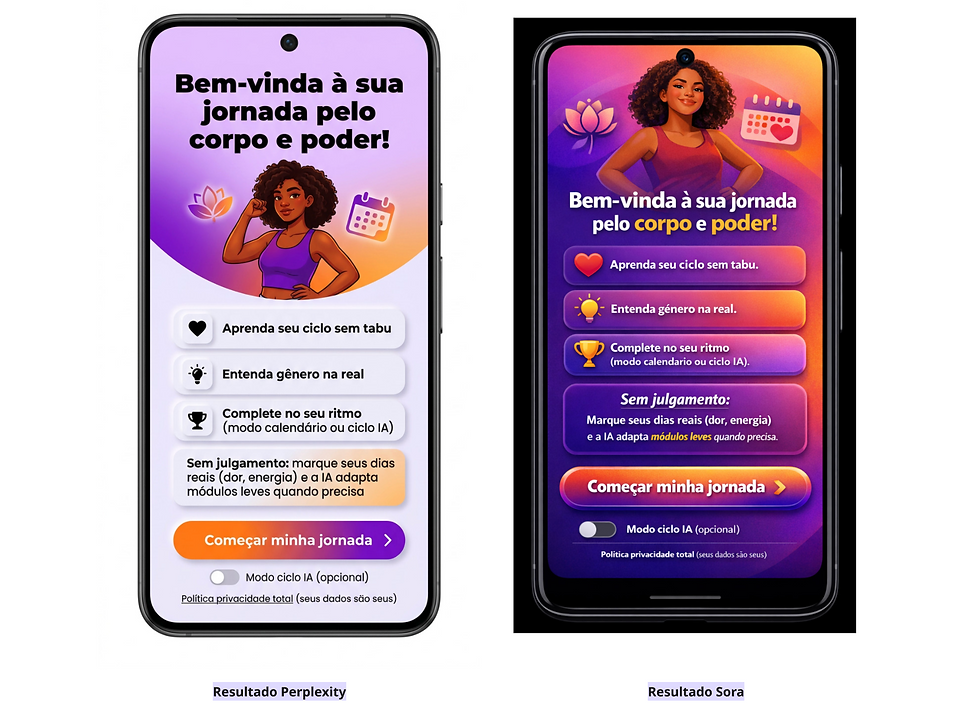 Print dos mockups da tela de onboarding gerados com Perplexity e Sora