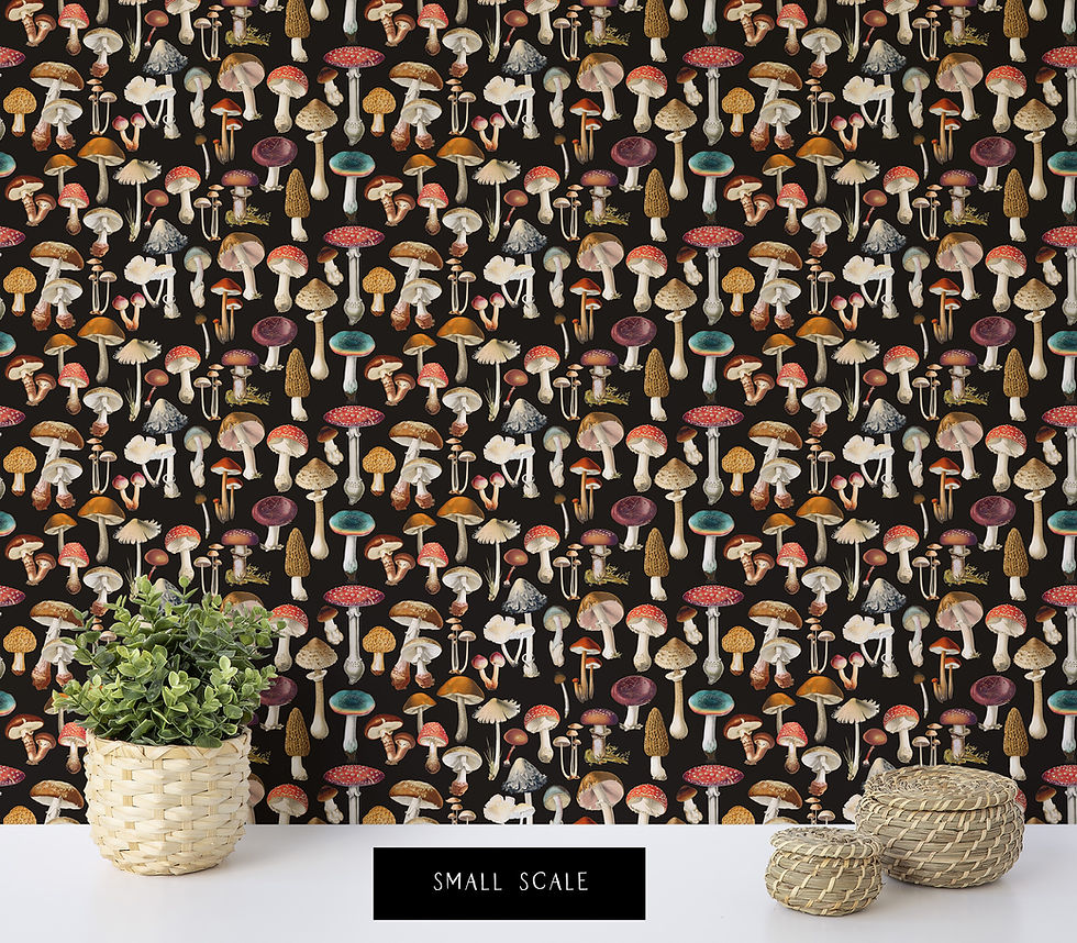 Thumbnail: Mushies on Black, Drawer Liner or Wallpaper, Toadstool Botanical