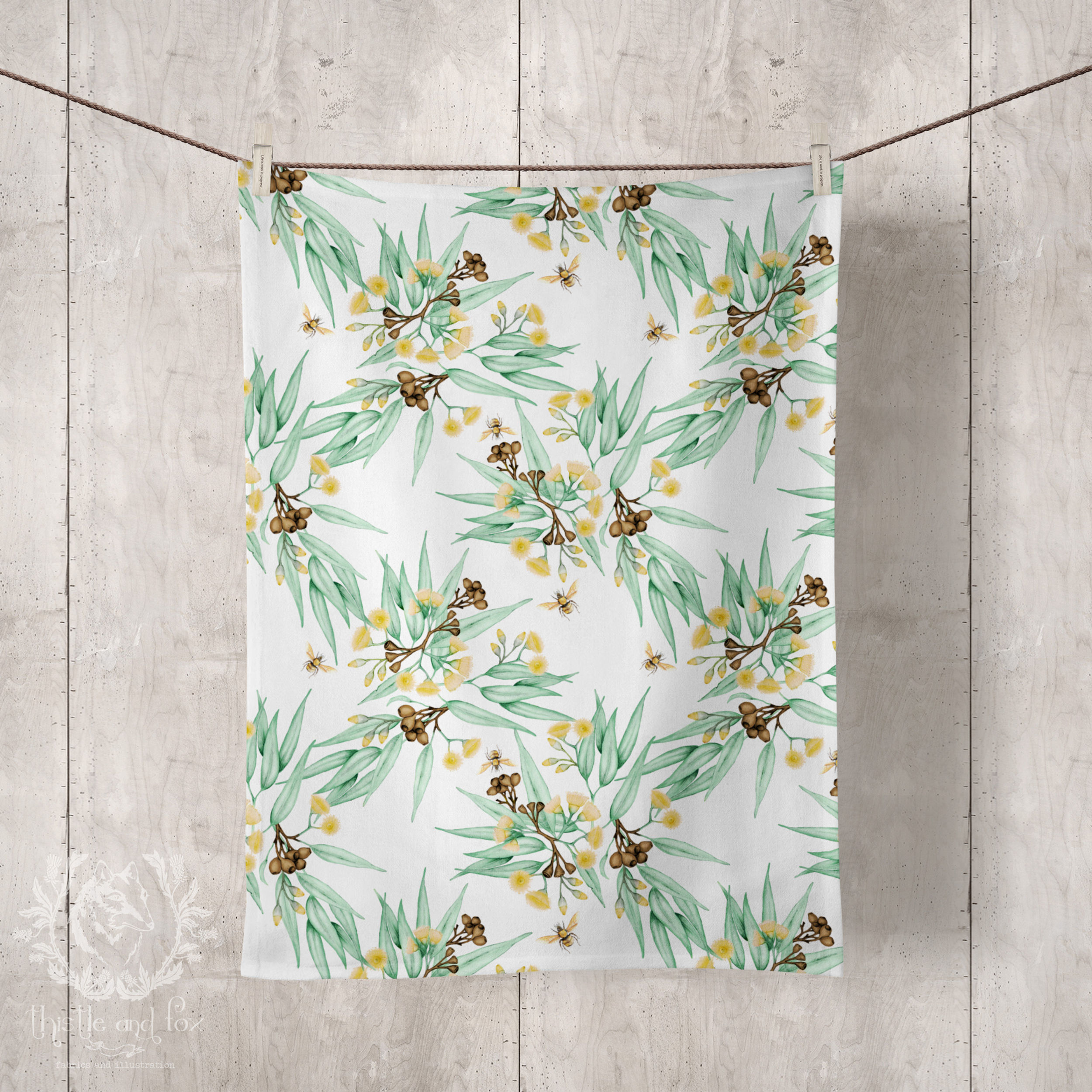Linen Tea Towels, Eucalyptus Yellow with Bees, 100% Australian Handmade