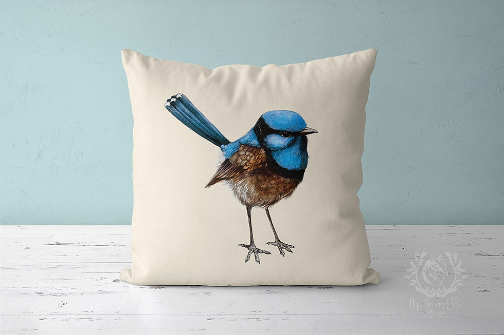 Thumbnail: Large Blue Wren on Cream Throw Pillow, Watercolour Australian Bird Cushion