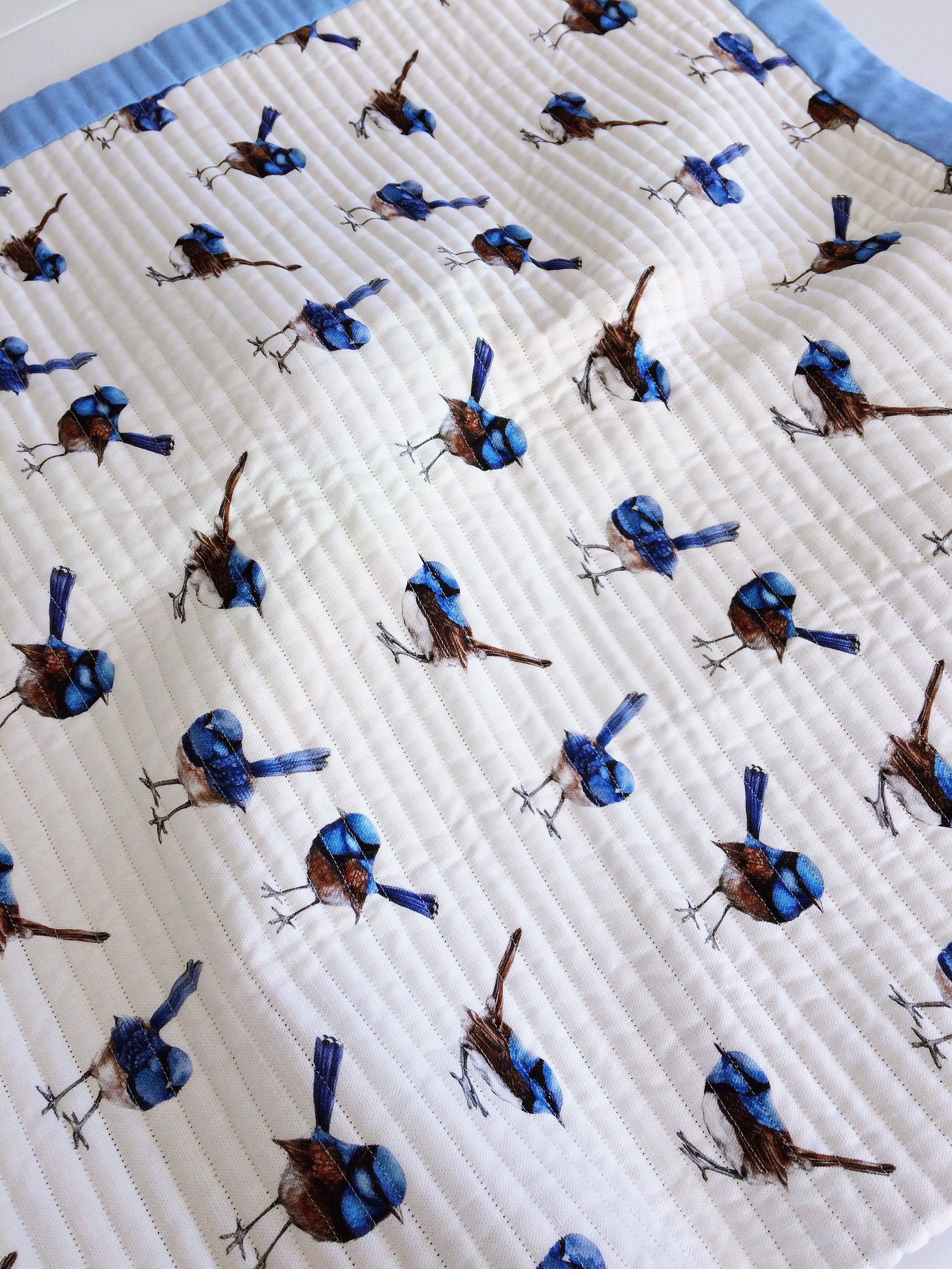 Blue Wrens Cot Quilt Linen or Cotton Sateen Quilted Baby Blanket