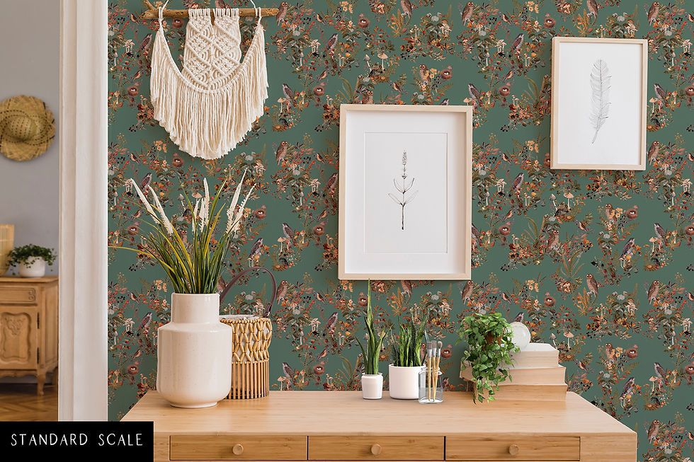 Thumbnail: Birds in Woods Drawer Liner Paper or Wallpaper, Dusty Green