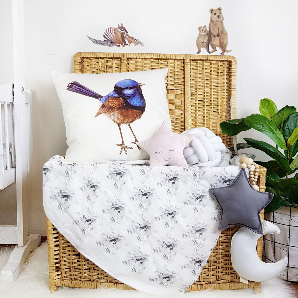 Thumbnail: Large Blue Wren on Cream Throw Pillow, Watercolour Australian Bird Cushion