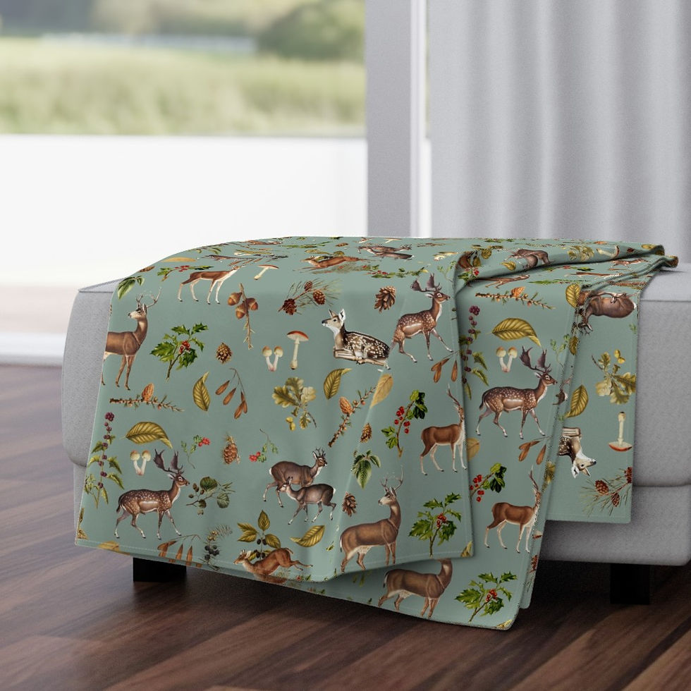Thumbnail: Deer in Woods Fabric by the Metre, Woodland Seasonal Reindeer