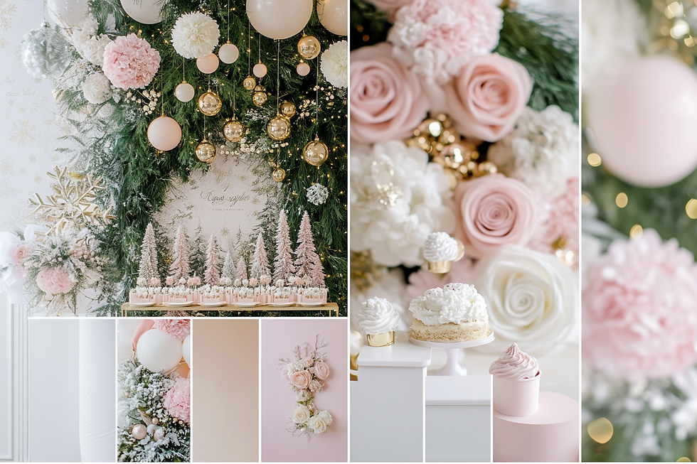color pallette and aestic for a pink winter wonderland theme