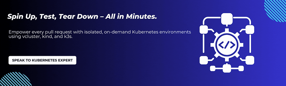 Abstract illustration of Kubernetes clusters being rapidly deployed and destroyed, representing isolated, on-demand dev environments for each pull request with the text: 'Spin Up, Test, Tear Down – All in Minutes.'