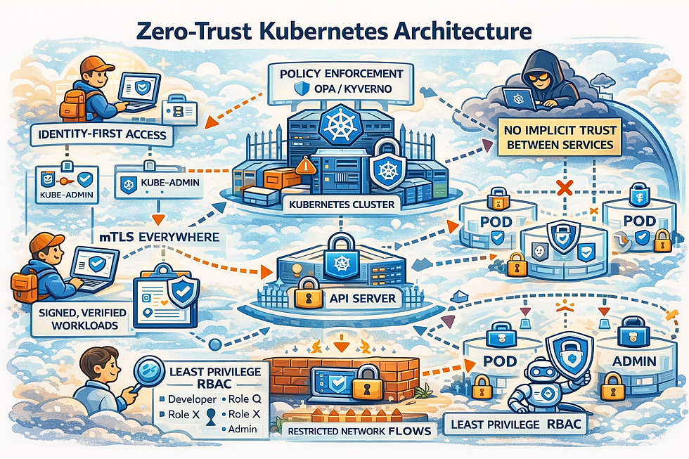 Cartoon-style illustration of a Zero-Trust Kubernetes architecture showing identity-first access, policy enforcement with OPA and Kyverno, mTLS everywhere, signed workloads, least-privilege RBAC, restricted network flows, and locked-down pods. The diagram depicts users, admins, pods, and a secured API server connected through segmented trust boundaries, emphasizing no implicit trust between services.