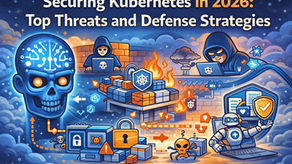 AI-powered Kubernetes attack chain diagram in cartoon style illustrating how AI models scan clusters for misconfigurations, escalate privileges, generate polymorphic malware, exploit RBAC weaknesses, and target Kubernetes pods and services through an intelligent automated attack loop.