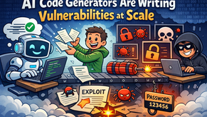 Cartoon-style graphic showing AI code generators producing insecure code at scale, highlighting automated vulnerabilities in the DevSecOps pipeline.