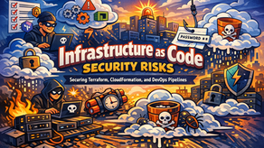 Illustration representing Infrastructure as Code security risks in DevOps pipelines including CI/CD, cloud infrastructure, exposed systems, and cybersecurity threats.