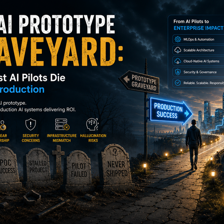 Split-screen infographic illustrating why AI pilots fail before production. The left side shows a dark "prototype graveyard" with challenges such as disconnected data, unclear ownership, security concerns, infrastructure mismatch, and hallucination risks. The right side depicts a bright path leading to enterprise AI success, highlighting MLOps, scalable architecture, cloud-native AI systems, security governance, and measurable business outcomes.